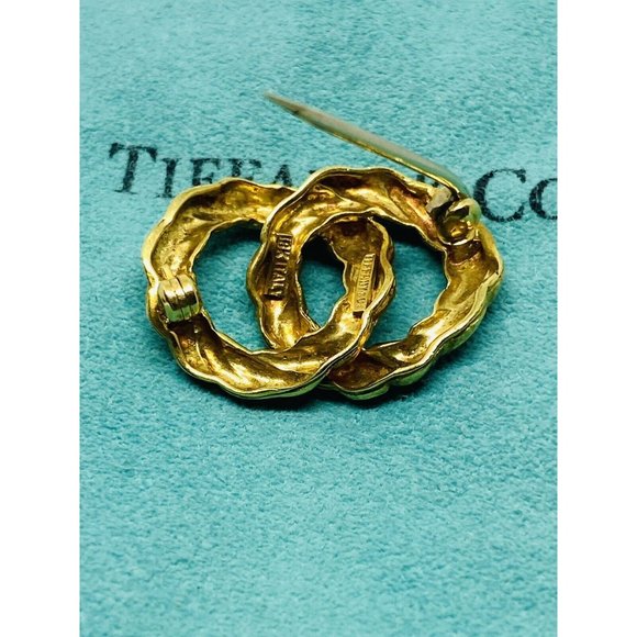 Vintage Tiffany & Co. 18K Yellow Gold & Blue Enamel Intertwined Circles Brooch - Picture 6 of 8